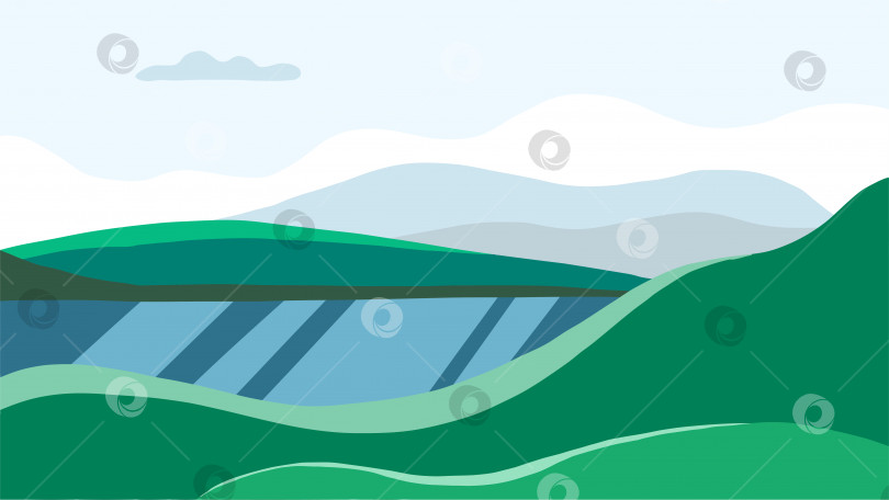 Скачать Синий и зеленый векторный фон. Абстрактный пейзаж, вид на горы в плоском стиле. фотосток Ozero