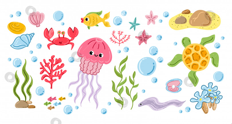 Скачать Милые морские обитатели и растения. плоские векторные иконки фотосток Ozero