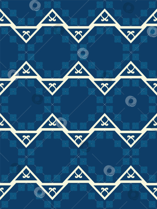 Скачать Бесшовный векторный узор молочного тона с завитками, треугольными формами на синем фоне. фотосток Ozero