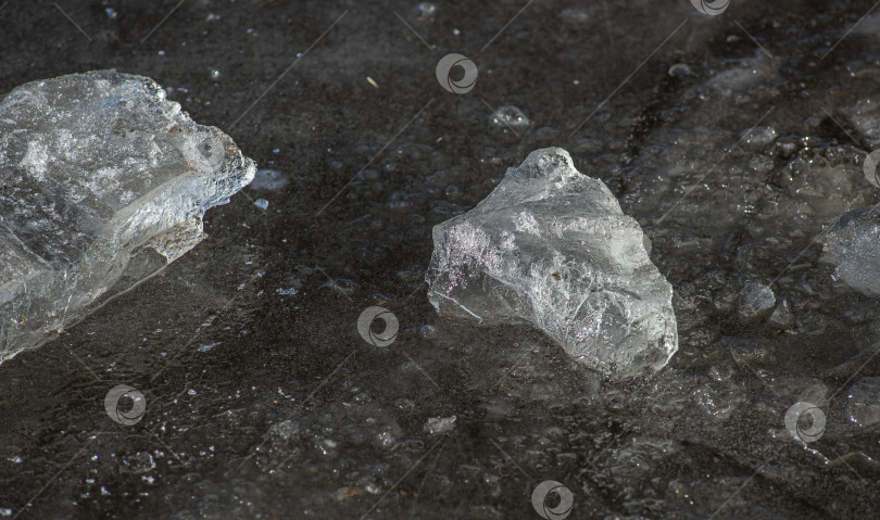 Скачать два прозрачных кусочка льда на тёмной поверхности. Лёд имеет неровные края и полупрозрачный вид. фотосток Ozero