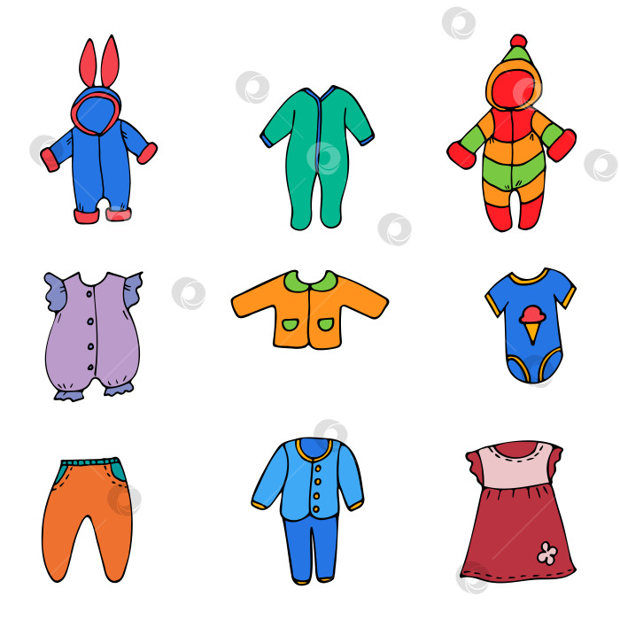 Скачать Комплект одежды для новорожденных, рисующий простую коллекцию плоских цветных векторных иллюстраций фотосток Ozero