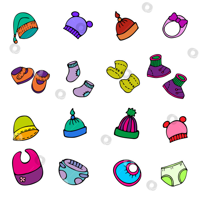 Скачать набор векторных цветных фотографий детской одежды, обуви и игрушек в мультяшном стиле на белом фоне. фотосток Ozero