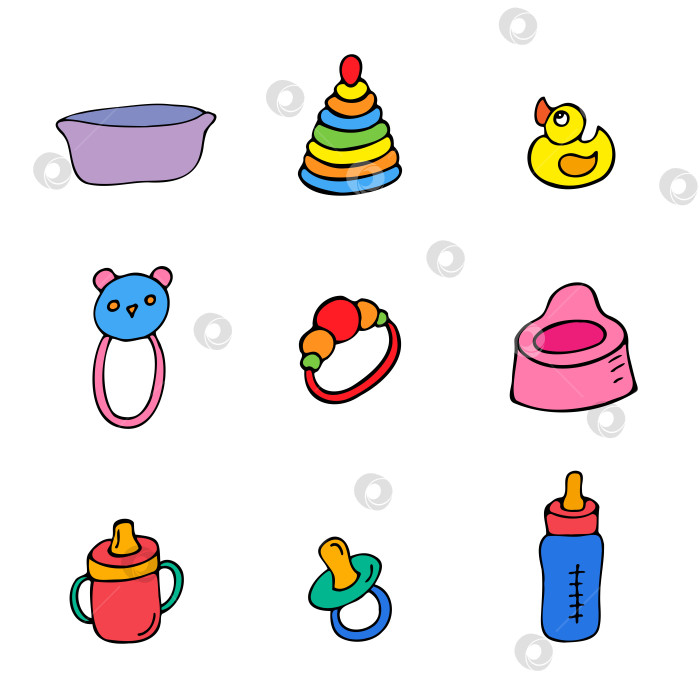 Скачать векторный набор цветных игрушек для детей в мультяшном стиле на белом фоне. фотосток Ozero