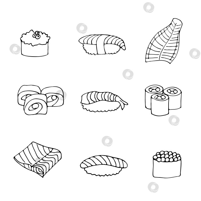 Скачать Векторный набор рыбных продуктов и суши в мультяшном стиле на белом фоне. Контурный рисунок рыбы и кусочков рыбы. фотосток Ozero