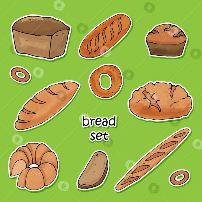 Скачать набор цветных наклеек с изображением хлеба и булочек на зеленом фоне, нарисованных в мультяшном стиле. фотосток Ozero