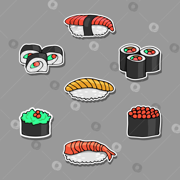 Скачать Набор наклеек для суши, сашими и маки, нарисованных от руки. Японская кухня. Каракули, мультфильм. Выделенные на сером фоне. фотосток Ozero