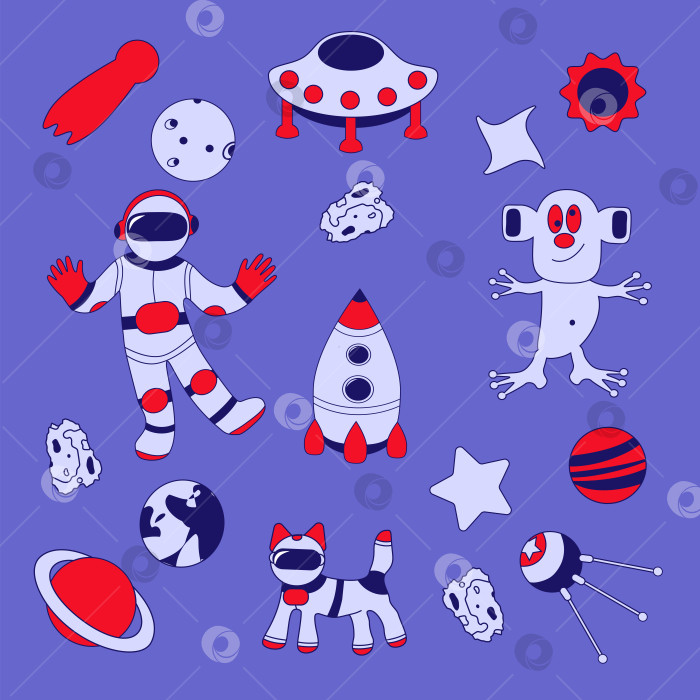 Скачать Векторный набор космических исследователей. НЛО, космический корабль, спутник и астронавт. Различные мультяшные звездные созвездия и планеты. фотосток Ozero