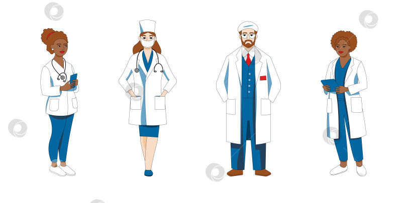 Скачать Иллюстрация с изображением медицинской бригады, группы врачей в мультяшном стиле. фотосток Ozero