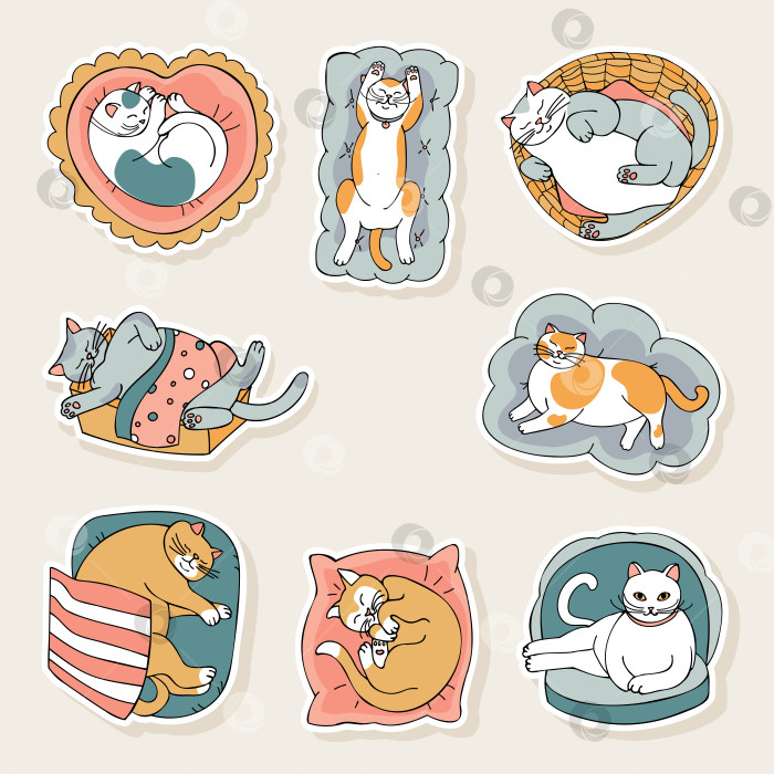 Скачать Наклейки со спящими кошками, нарисованные от руки в мультяшном стиле. Коллекция кошек, которые заснули. фотосток Ozero