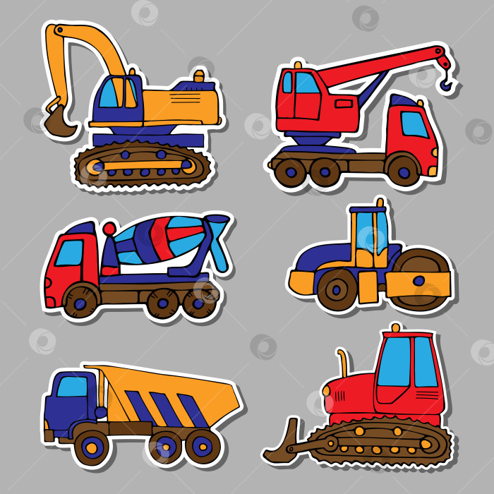 Скачать Набор векторных цветных наклеек на строительную технику, нарисованных в мультяшном стиле. фотосток Ozero
