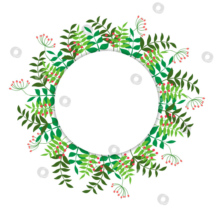 Скачать Векторная весенняя открытка. Рамка из цветных ягод, веток и листьев вокруг белого круга. Поздравительная открытка. фотосток Ozero