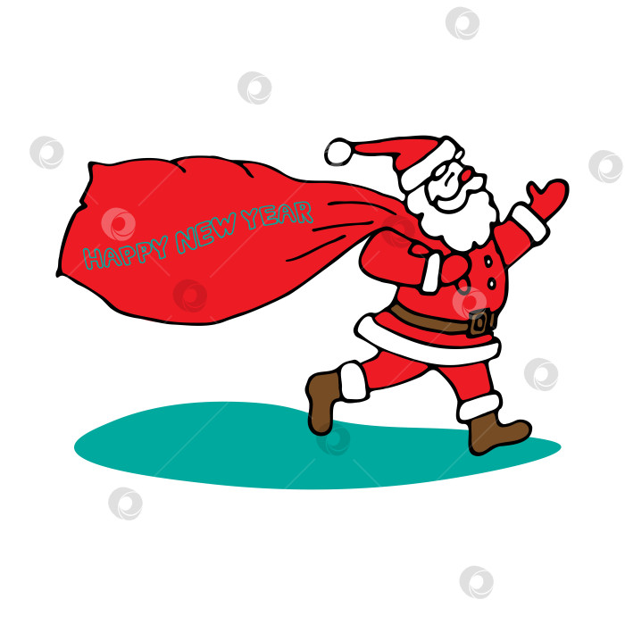 Скачать Цветная векторная иллюстрация, нарисованная вручную в мультяшном стиле. Санта Клаус идет с мешком подарков. Новогодний рисунок. Санта несет мешок. фотосток Ozero