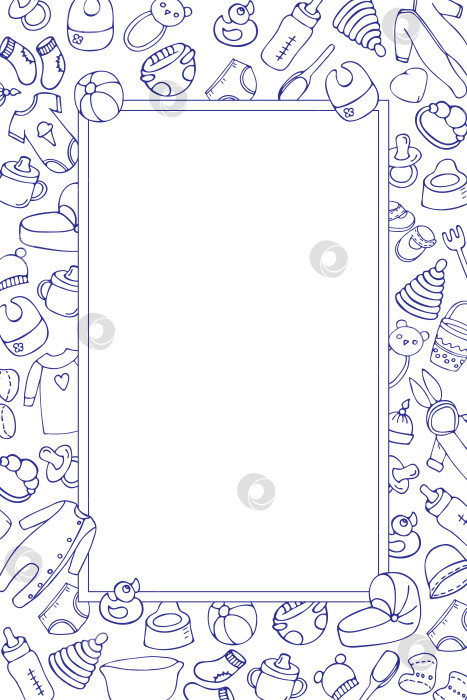 Скачать вертикальная рамка с игрушками и предметами для новорожденных, выполненная от руки в мультяшном стиле. контурный рисунок. фотосток Ozero