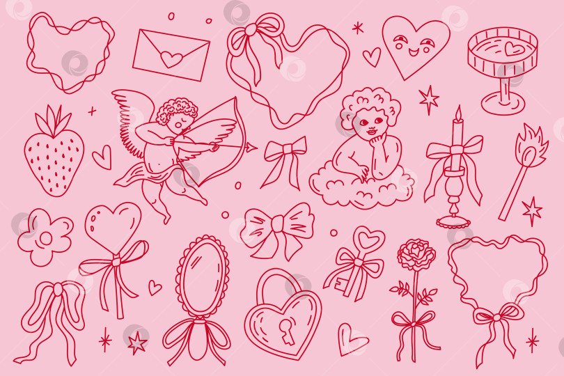 Скачать Набор иллюстраций с любовными каракулями на день Святого Валентина, нарисованных вручную фотосток Ozero