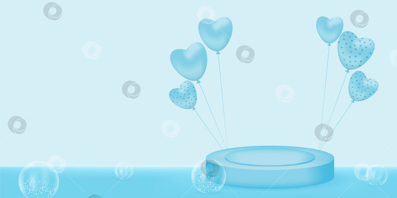 Скачать Подиум с голубыми воздушными шарами в форме сердечек. Баннер для рекламы, демонстрации продукта, объявления приза, победителя или премии. Векторная иллюстрация на тему любви. Шаблон фотосток Ozero