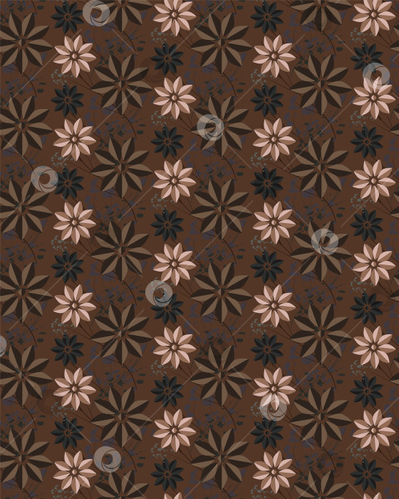 Скачать Абстрактные цветы, тонкие веточки и крапинки на шоколадном фоне в векторном узоре. фотосток Ozero