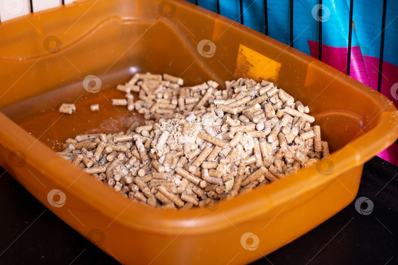 Скачать Помещение для ухода за домашними животными с выделяющимся текстурированным экологически чистым наполнителем для кошачьих туалетов на красочном фоне фотосток Ozero