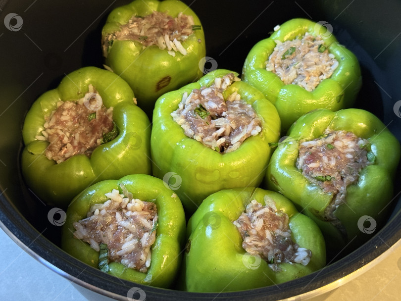 Скачать Фаршированные болгарские перцы, приготовленные в горшочке с пикантной рисово-мясной начинкой фотосток Ozero
