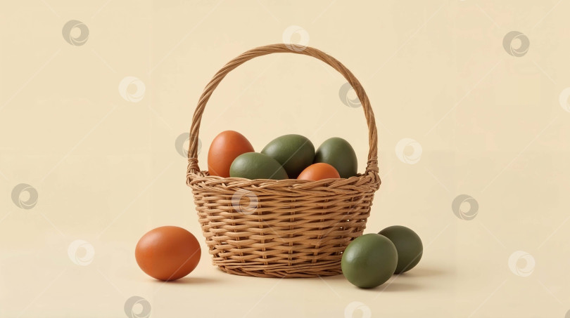 Скачать Плетеная корзина с оливковыми и коралловыми яйцами на светло-песочном фоне фотосток Ozero