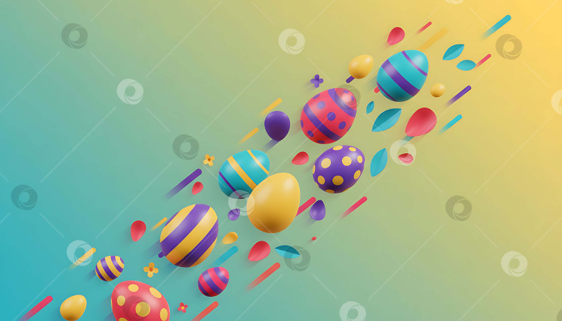 Скачать Яркие пасхальные яйца в современном мультяшном стиле на голубом и желтом градиентном фоне с пробелом для копирования фотосток Ozero