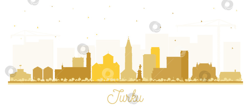 Скачать Силуэт финского города Турку на горизонте с золотыми зданиями, выделяющимися на белом фоне. Городской пейзаж Турку с достопримечательностями. Концепция бизнеса и туризма с современной и исторической архитектурой. фотосток Ozero