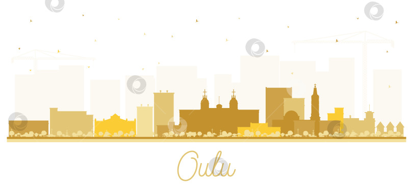Скачать Силуэт финского города Оулу на горизонте с золотыми зданиями, выделяющимися на белом фоне. Городской пейзаж Оулу с достопримечательностями. Концепция путешествий и туризма с современной и исторической архитектурой. фотосток Ozero