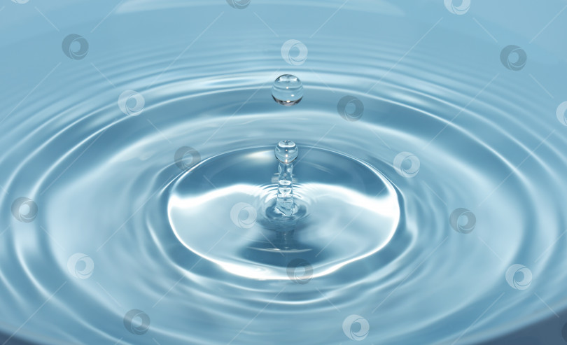 Скачать капля воды с плеском падает в прозрачную голубую воду, образуя на ней круги фотосток Ozero