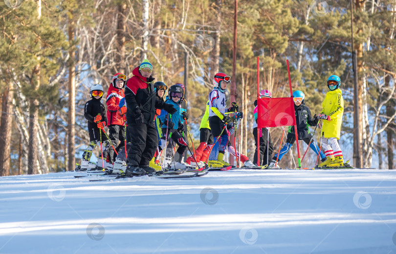 Скачать Россия, Красноярск 25 февраля 2025г. Спортивный тренер и инструктор по лыжному спорту работает со своими учениками на заснеженном горнолыжном склоне. фотосток Ozero