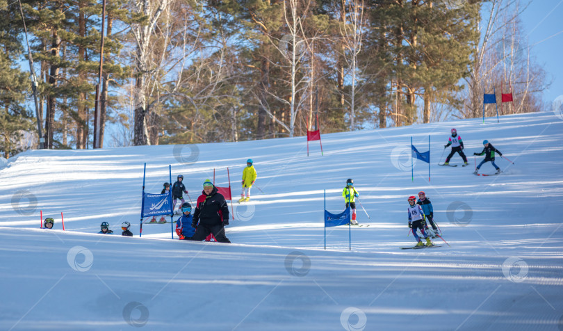 Скачать Россия, Красноярск 25 февраля 2025г. Спортивный тренер и инструктор по лыжному спорту работает со своими учениками на заснеженном горнолыжном склоне. фотосток Ozero