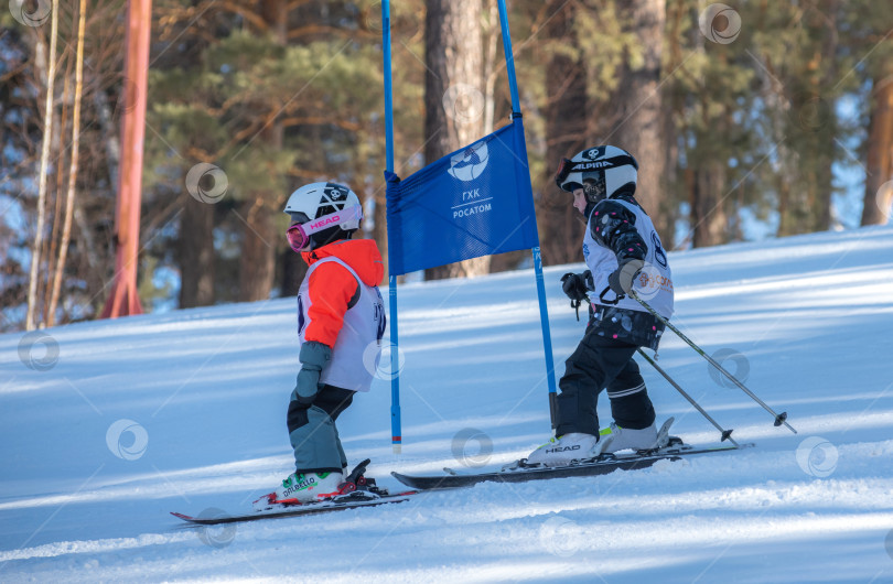Скачать Россия, Красноярск 25 февраля 2025г. Мальчики лыжники, спускаются на лыжах по снежному склону. фотосток Ozero
