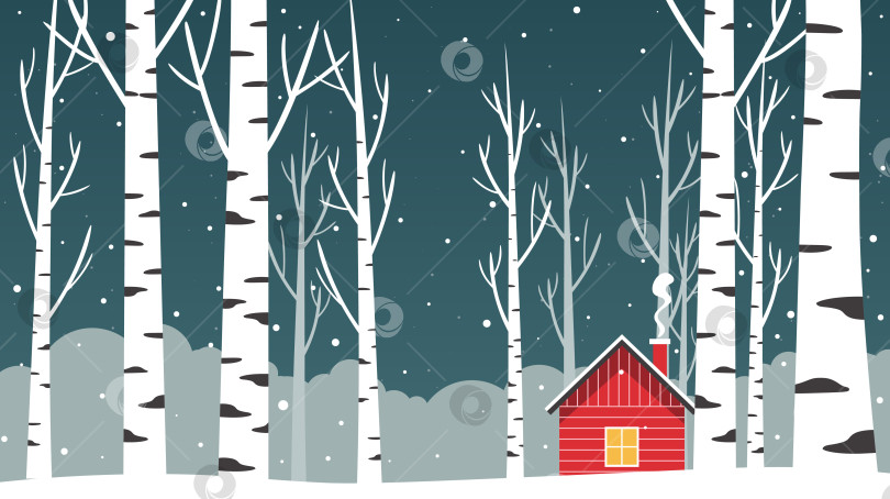 Скачать Уютный красный домик в заснеженном березовом лесу ночью фотосток Ozero