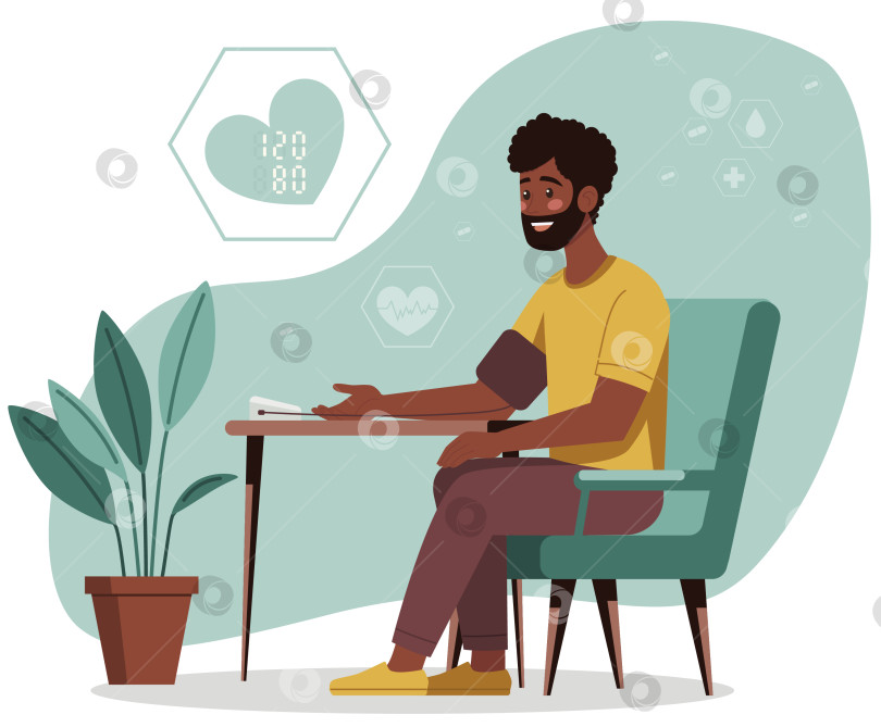 Скачать Темнокожий мужчина измеряет кровяное давление дома фотосток Ozero