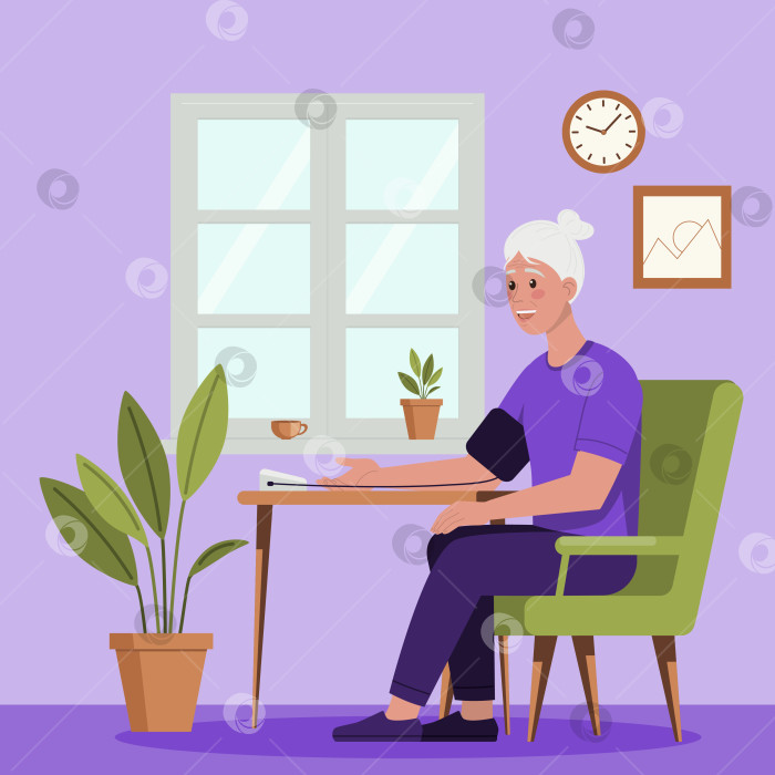 Скачать Пожилая женщина проверяет кровяное давление дома фотосток Ozero