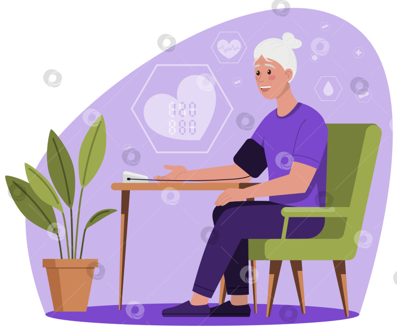 Скачать Пожилая женщина проверяет кровяное давление дома фотосток Ozero