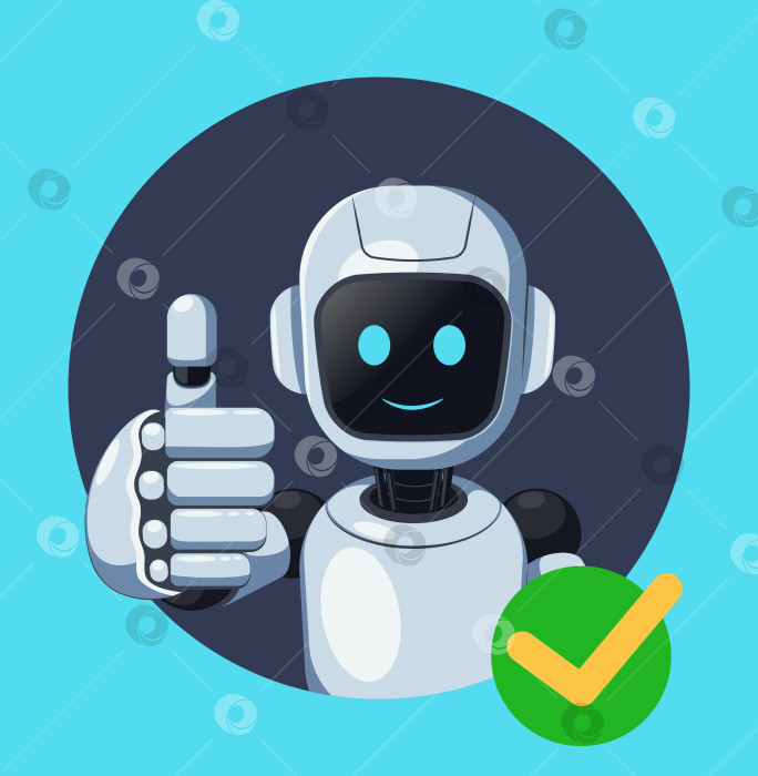 Скачать Дружелюбный робот Поднимает вверх большой палец с зеленой галочкой фотосток Ozero