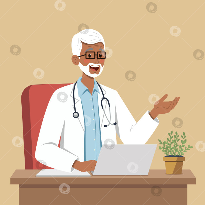 Скачать Старший врач проводит онлайн-консультацию за рабочим столом с ноутбуком фотосток Ozero