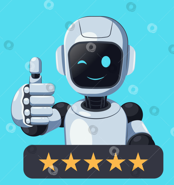 Скачать Улыбающийся Робот Поднимает вверх большой палец с пятью звездами фотосток Ozero