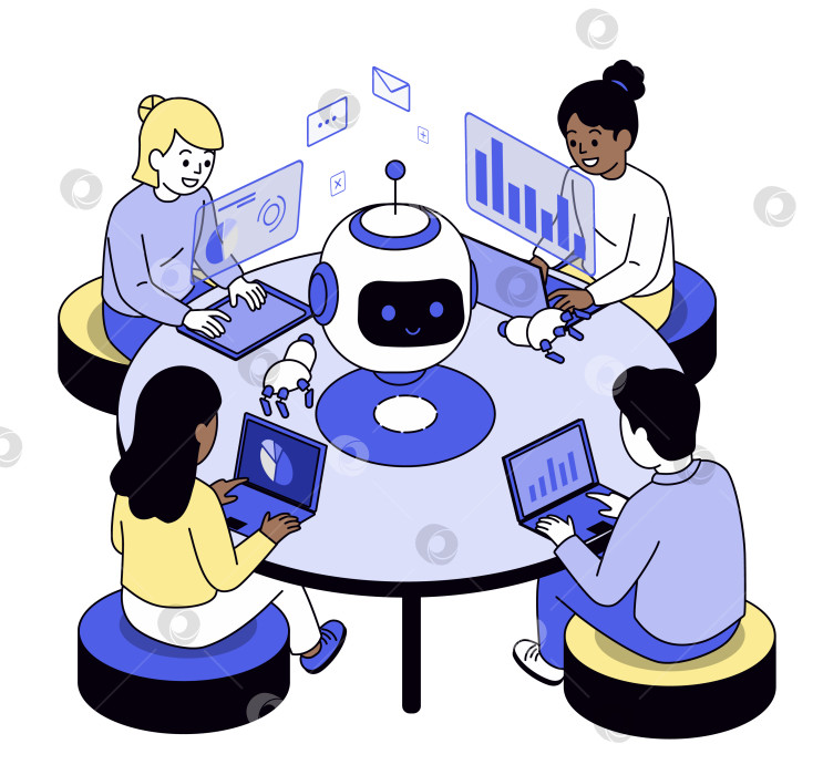 Скачать Команда, сотрудничающая с дружелюбным роботом за круглым столом фотосток Ozero