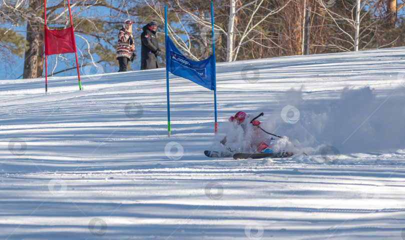 Скачать Россия, Красноярск 25 февраля 2025г.  Девочка лыжница,  падает на лыжах, катаясь  по снежному склону. фотосток Ozero