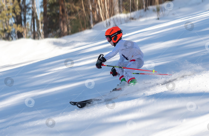 Скачать Россия, Красноярск 25 февраля 2025г. Мальчик лыжник, спускается на лыжах по снежному склону. фотосток Ozero