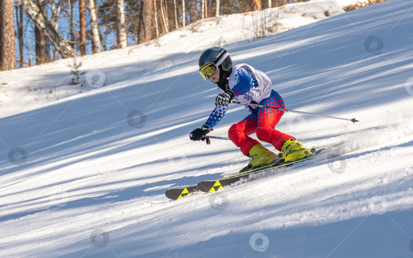 Скачать Россия, Красноярск 25 февраля 2025г. Мальчик лыжник, спускается на лыжах по снежному склону. фотосток Ozero