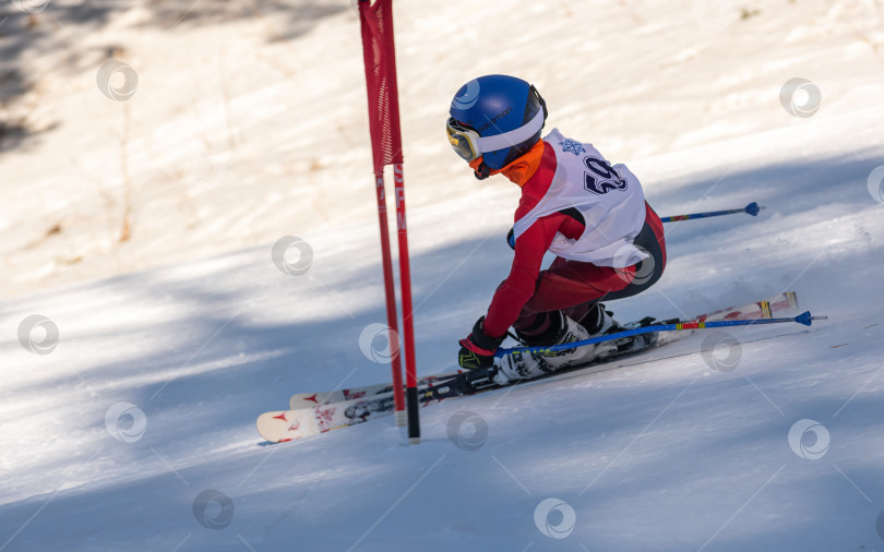 Скачать Россия, Красноярск 25 февраля 2025г. Мальчик лыжник, спускается на лыжах по снежному склону. фотосток Ozero