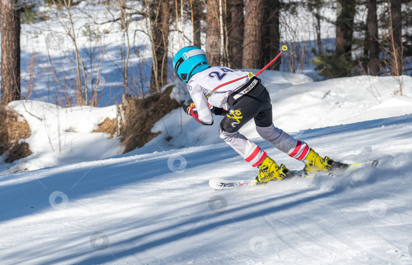 Скачать Россия, Красноярск 25 февраля 2025г. Мальчик лыжник, спускается на лыжах по снежному склону. фотосток Ozero