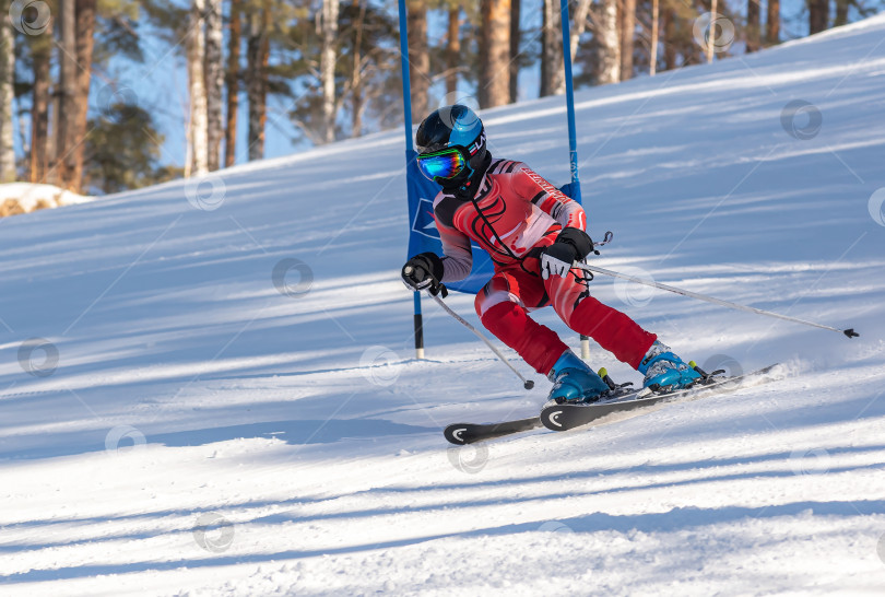 Скачать Россия, Красноярск 25 февраля 2025г. Мальчик лыжник, спускается на лыжах по снежному склону. фотосток Ozero
