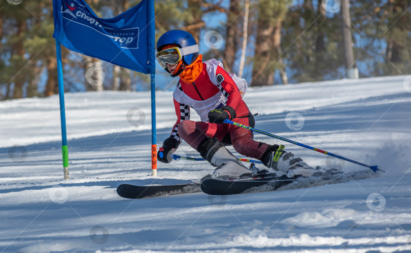 Скачать Россия, Красноярск 25 февраля 2025г. Мальчик лыжник, спускается на лыжах по снежному склону. фотосток Ozero