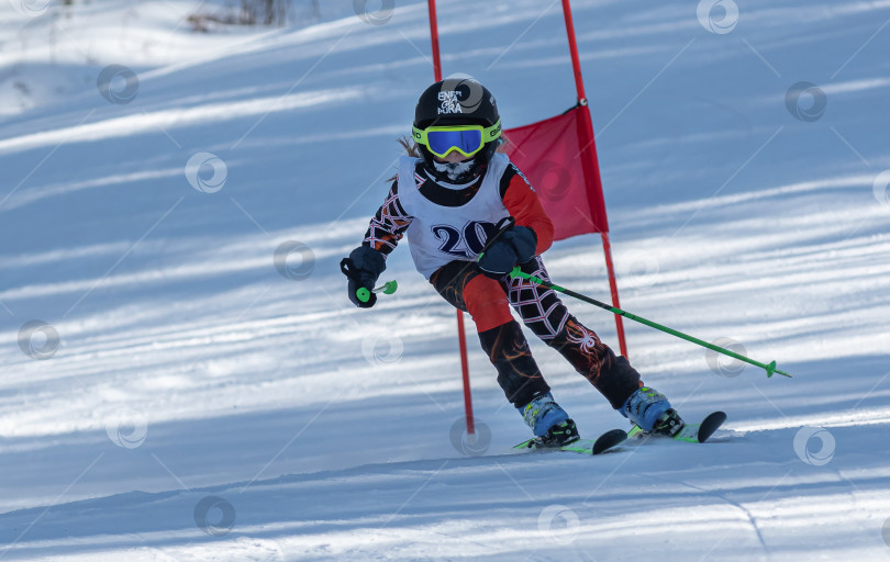 Скачать Россия, Красноярск 25 февраля 2025г. Девочка лыжница, спускается на лыжах по снежному склону. фотосток Ozero
