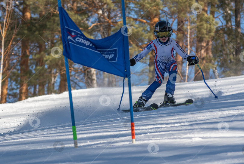 Скачать Россия, Красноярск 25 февраля 2025г. Мальчик лыжник, спускается на лыжах по снежному склону. фотосток Ozero