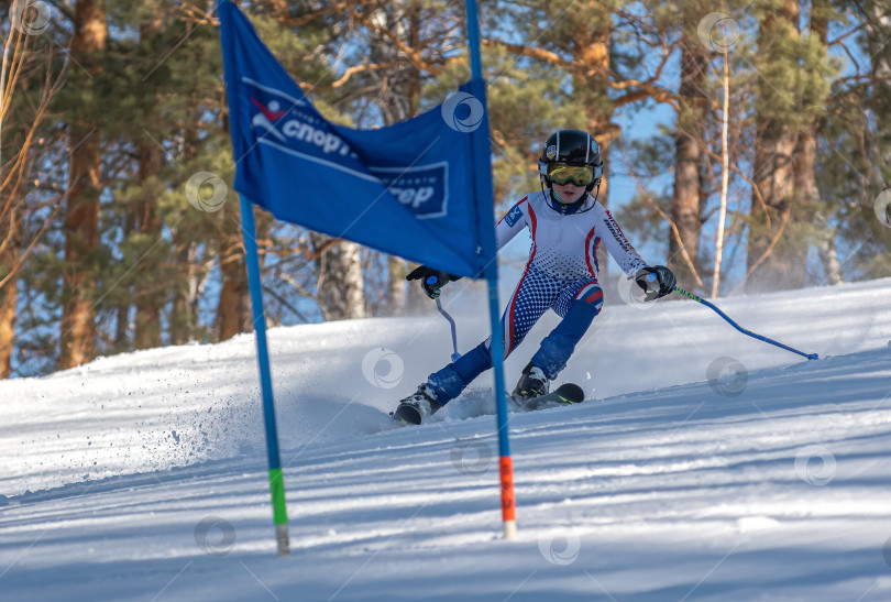 Скачать Россия, Красноярск 25 февраля 2025г. Мальчик лыжник, спускается на лыжах по снежному склону. фотосток Ozero