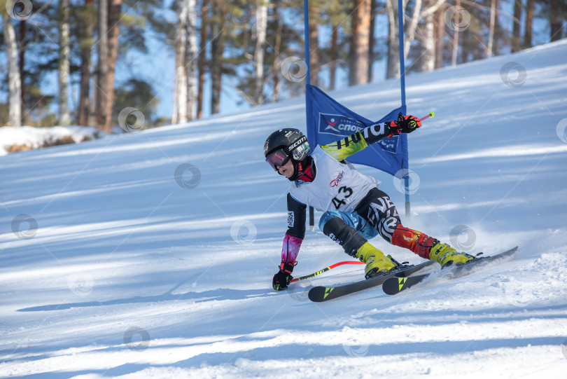 Скачать Россия, Красноярск 25 февраля 2025г. Мальчик лыжник, спускается на лыжах по снежному склону. фотосток Ozero