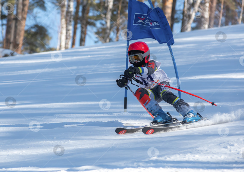 Скачать Россия, Красноярск 25 февраля 2025г. Мальчик лыжник, спускается на лыжах по снежному склону. фотосток Ozero